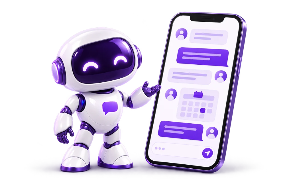 Ilustração de um robô branco e violeta ao lado de um celular com mensagens e agenda